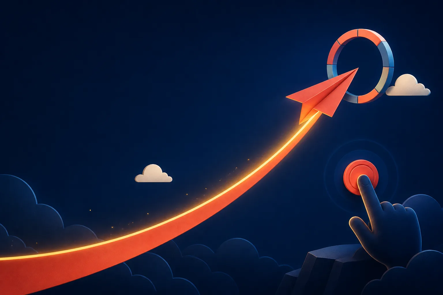 Avion en papier suivant une courbe ascendante lumineuse