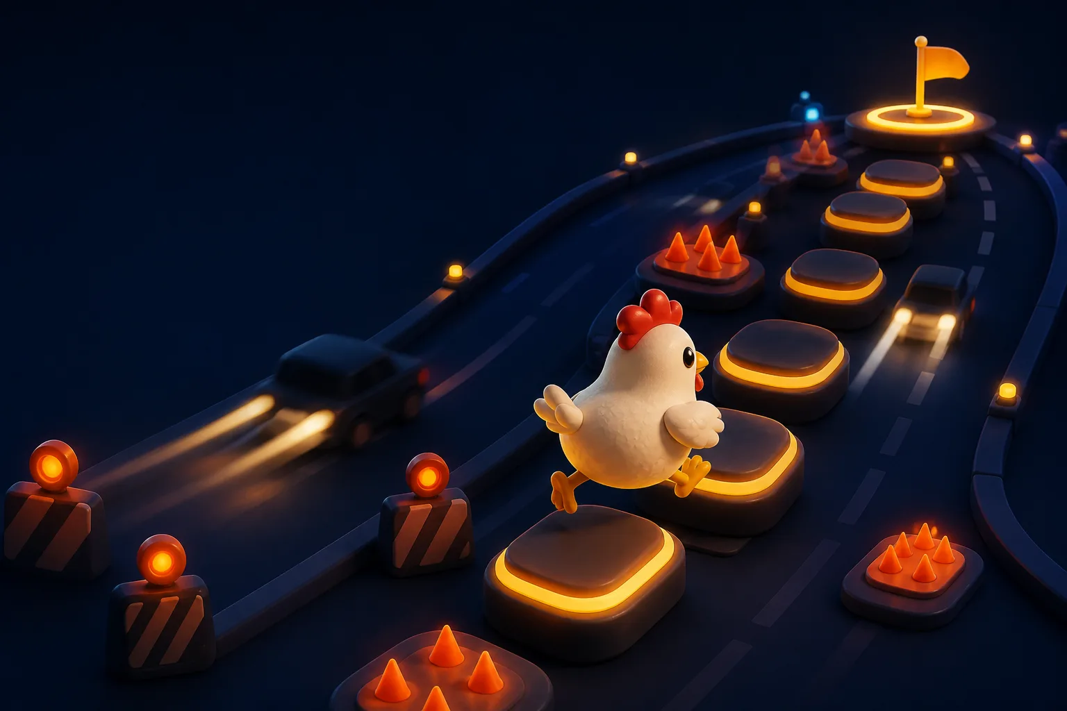 Poulet stylisé traversant une route nocturne entre des obstacles