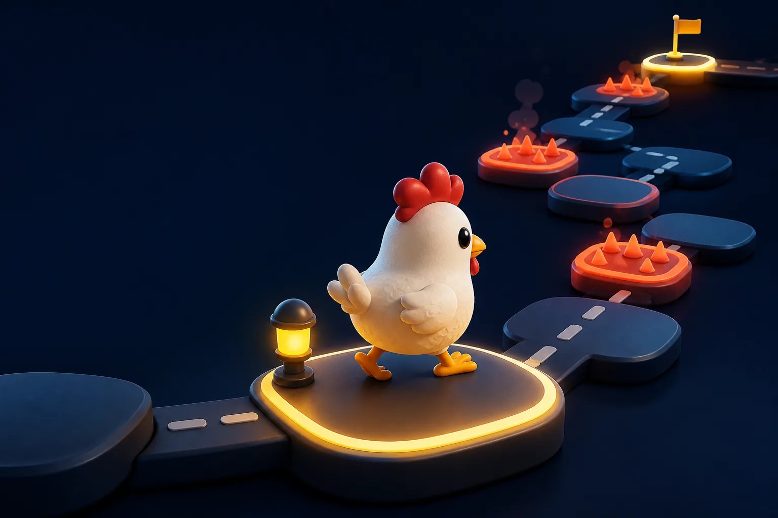 Poulet stylisé avançant entre des étapes éclairées