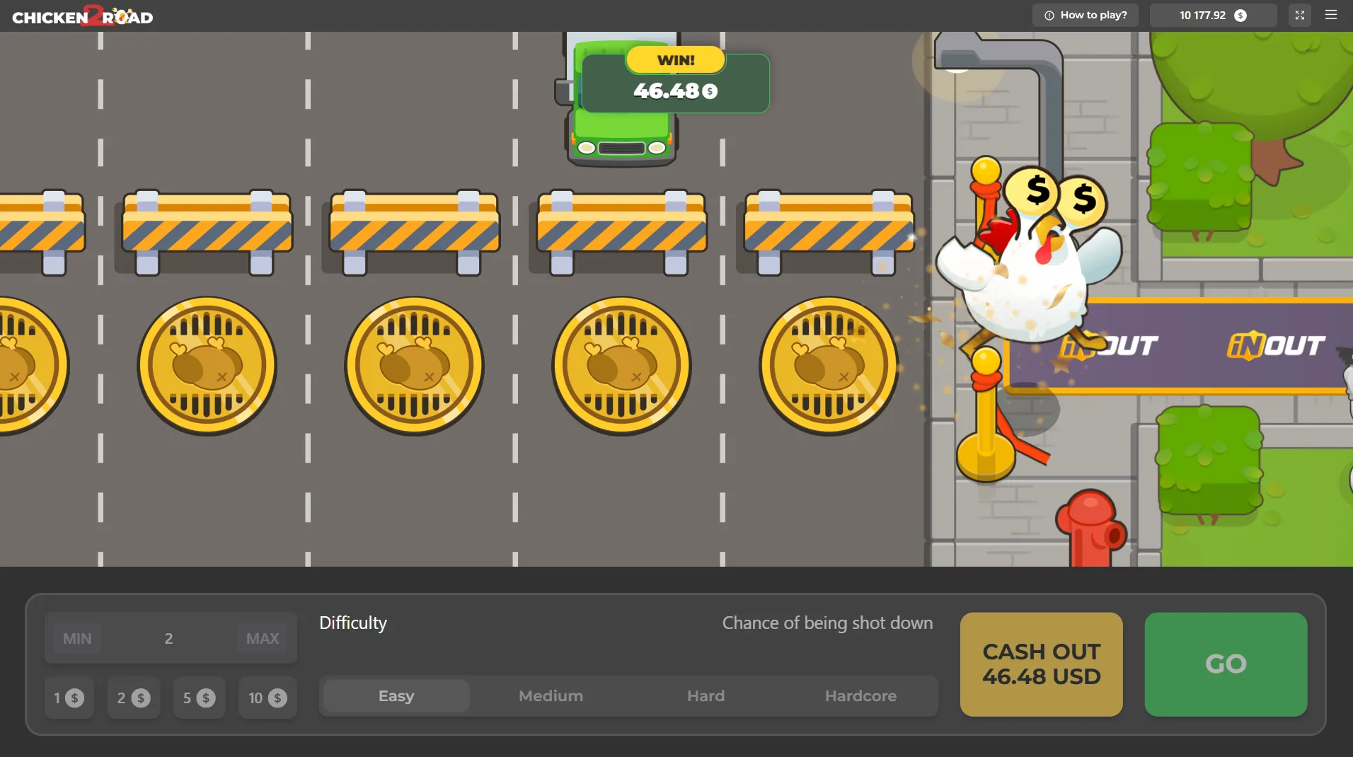 Capture officielle de Chicken Road 2.0 par InOut Games avec son logo et la traversée