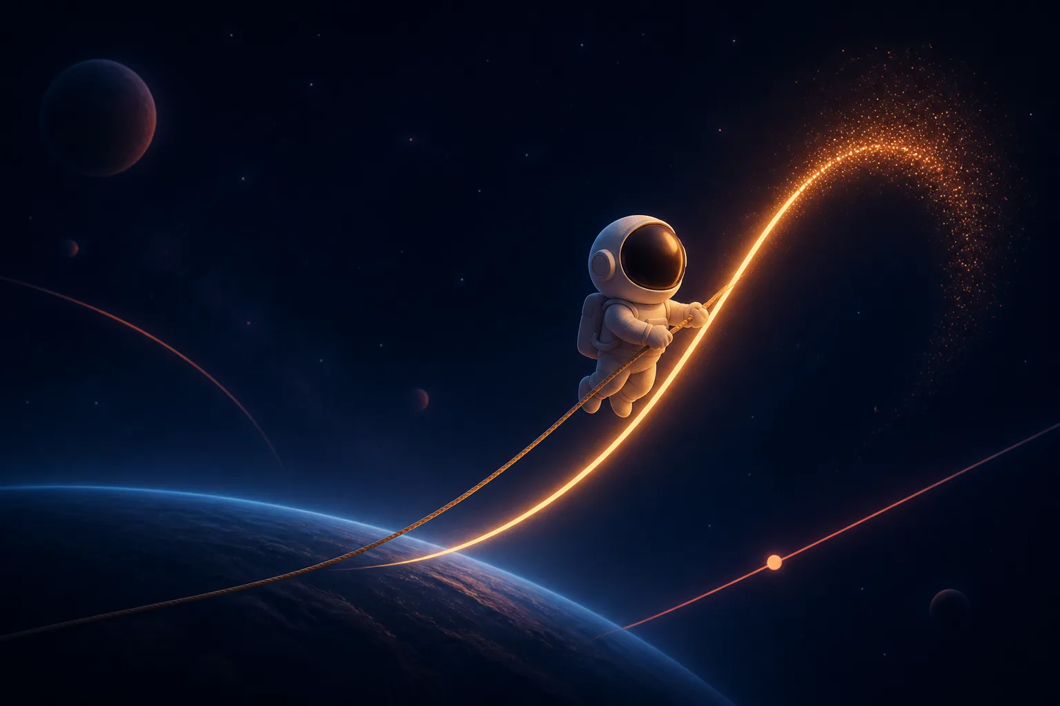 Astronaute stylisé suivant une courbe lumineuse au-dessus d’une planète
